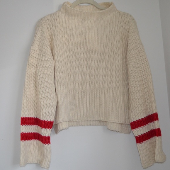Design Lab Lord & Taylor Sweaters - Design Lab Lord & Taylor Cream Mock Neck Sweater Bell Sleeves Red Stripes small